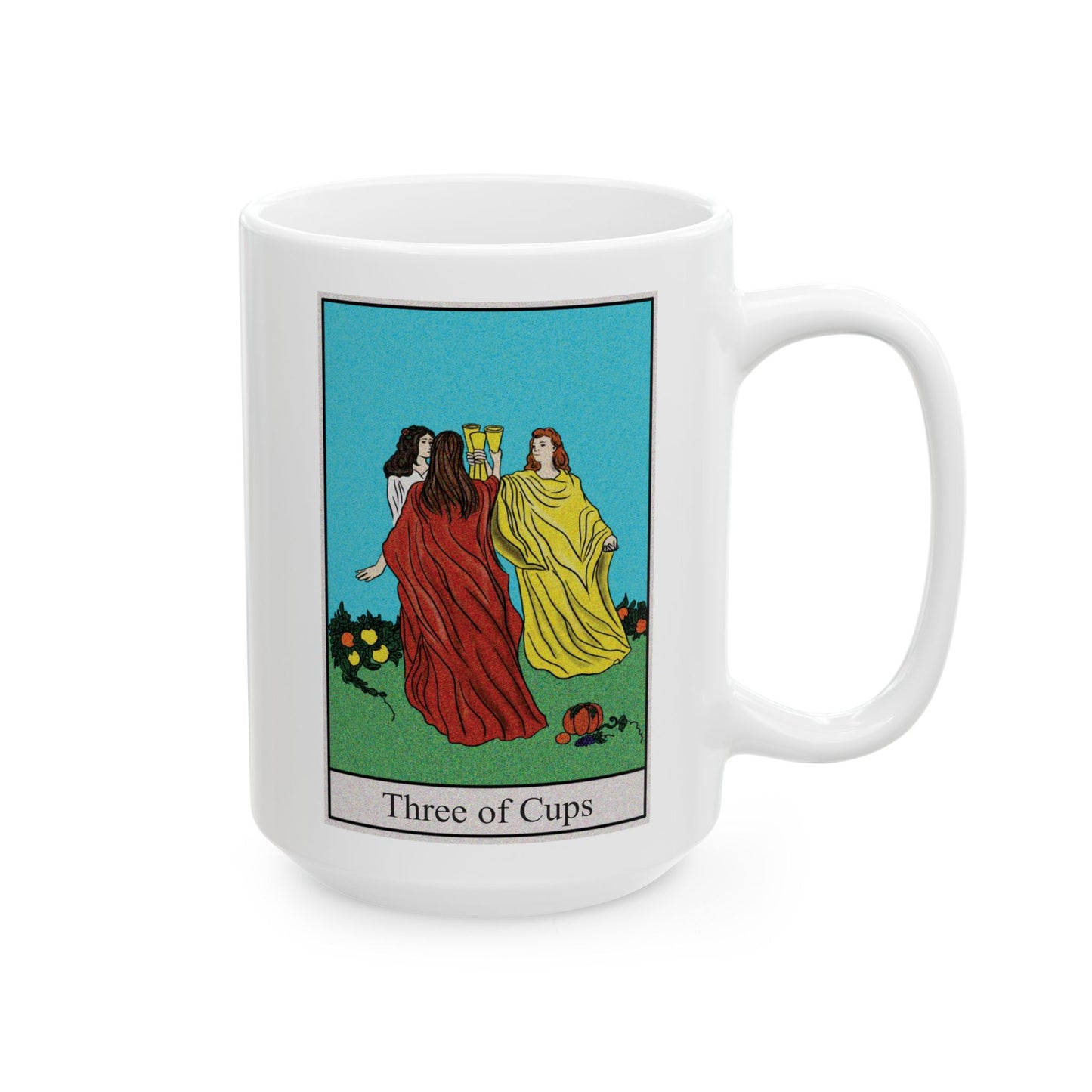 Three of Cups Tarot Card Coffee Mug - Double Sided White Ceramic 15oz by TheGlassyLass