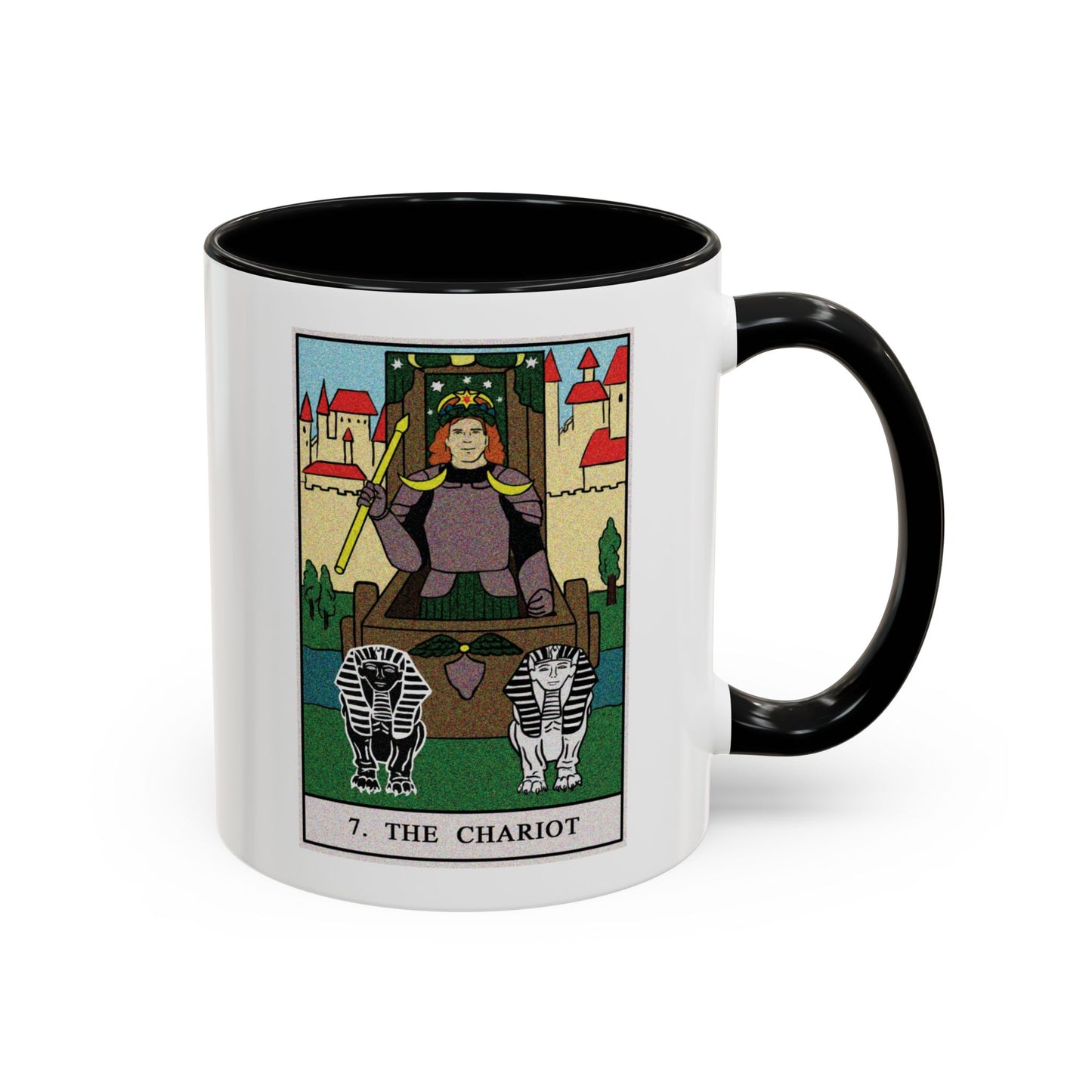 The Chariot Tarot Card Coffee Mug - Double Sided Print, Black Accent White Ceramic, 11oz by TheGlassyLass.com