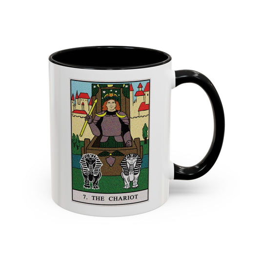 The Chariot Tarot Card Coffee Mug - Double Sided Print, Black Accent White Ceramic, 11oz by TheGlassyLass.com