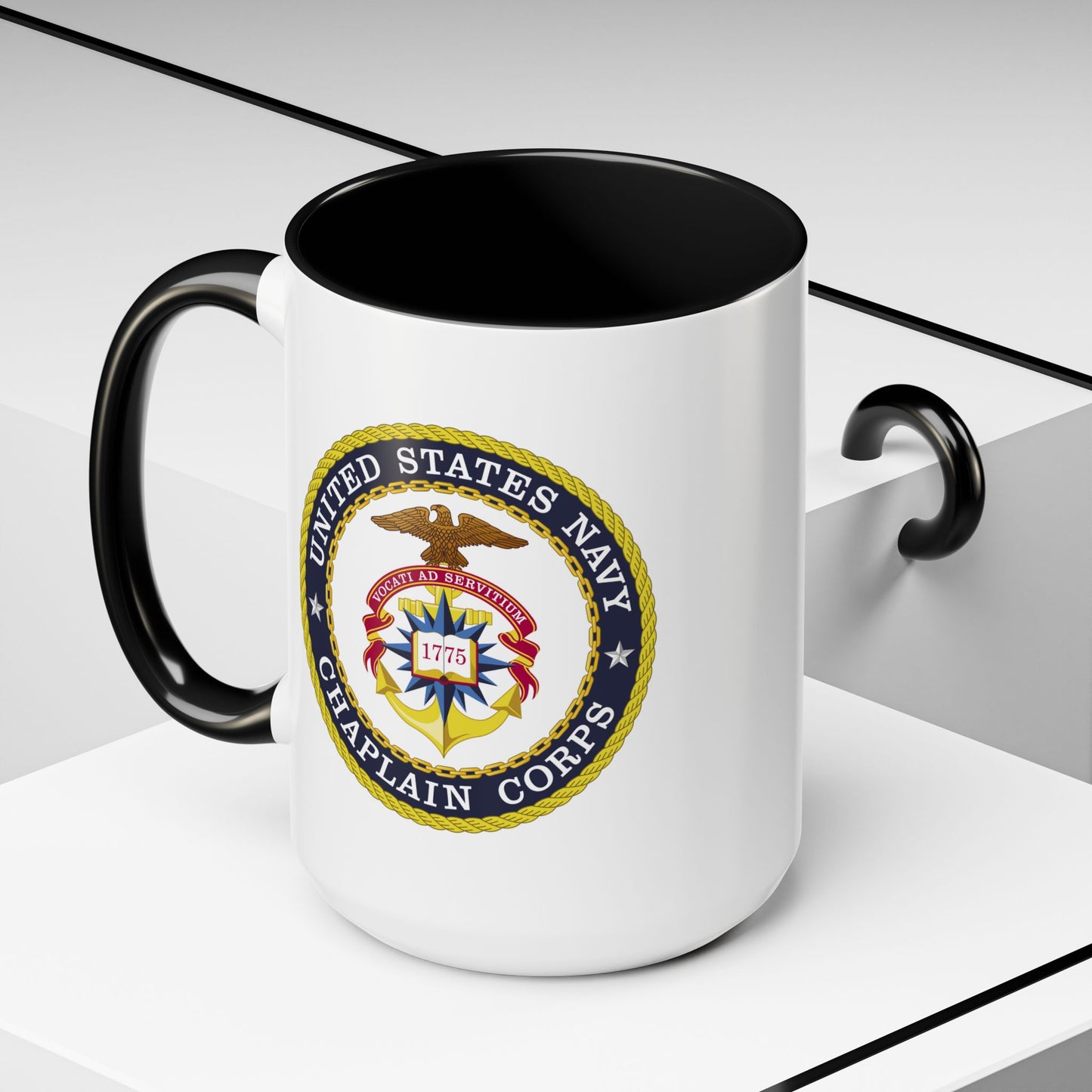 United States Navy Chaplain Corps Seal - Double Sided Black Accent White Ceramic Coffee Mug 15oz by TheGlassyLass.com