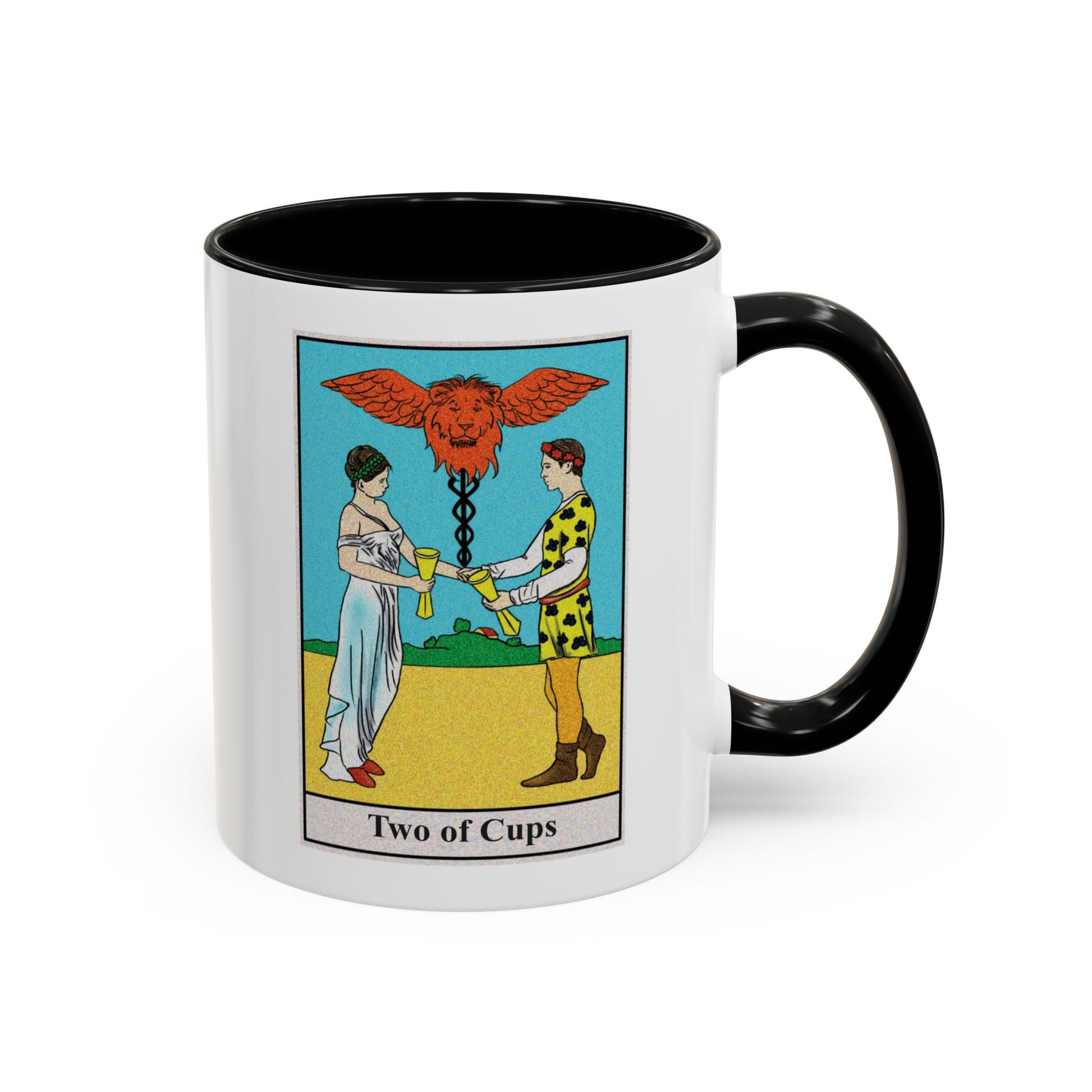 Two of Cups Tarot Card Coffee Mug - Double Sided Print, Black Accent White Ceramic, 11oz by TheGlassyLass.com