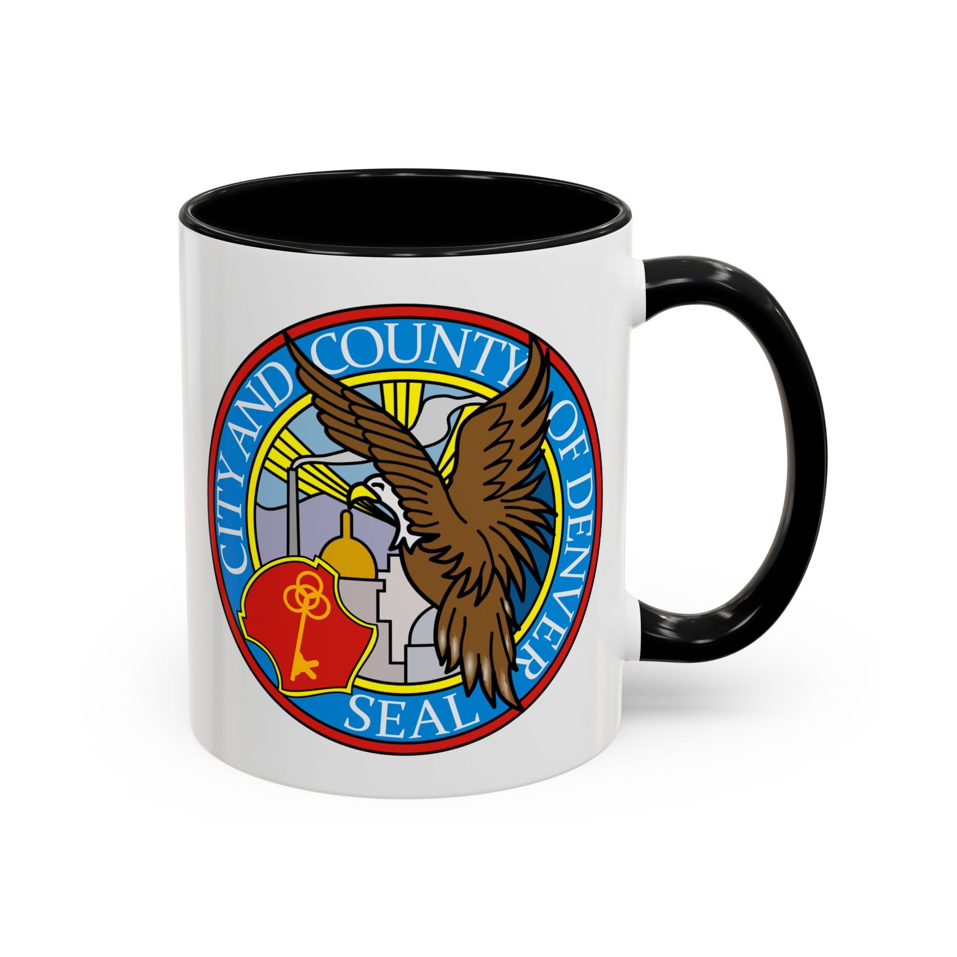 Denver City/County Seal Coffee Mug - Double Sided Print, Black Accent White Ceramic, 11oz by TheGlassyLass.com