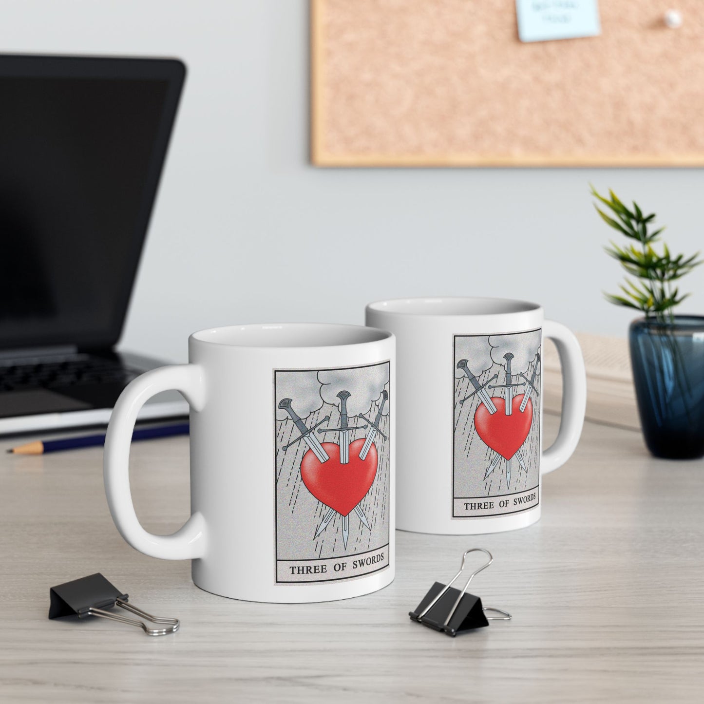 Three of Swords Tarot Card Coffee Mug - Double Sided Print, White Ceramic, 11oz by TheGlassyLass.com