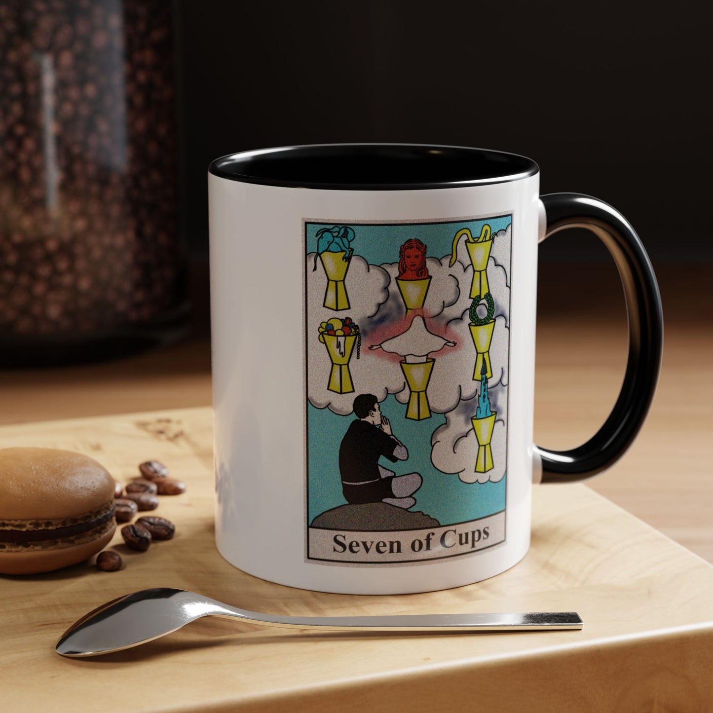 Seven of Cups Tarot Card Coffee Mug - Double Sided Print, Black Accent White Ceramic, 11oz by TheGlassyLass.com