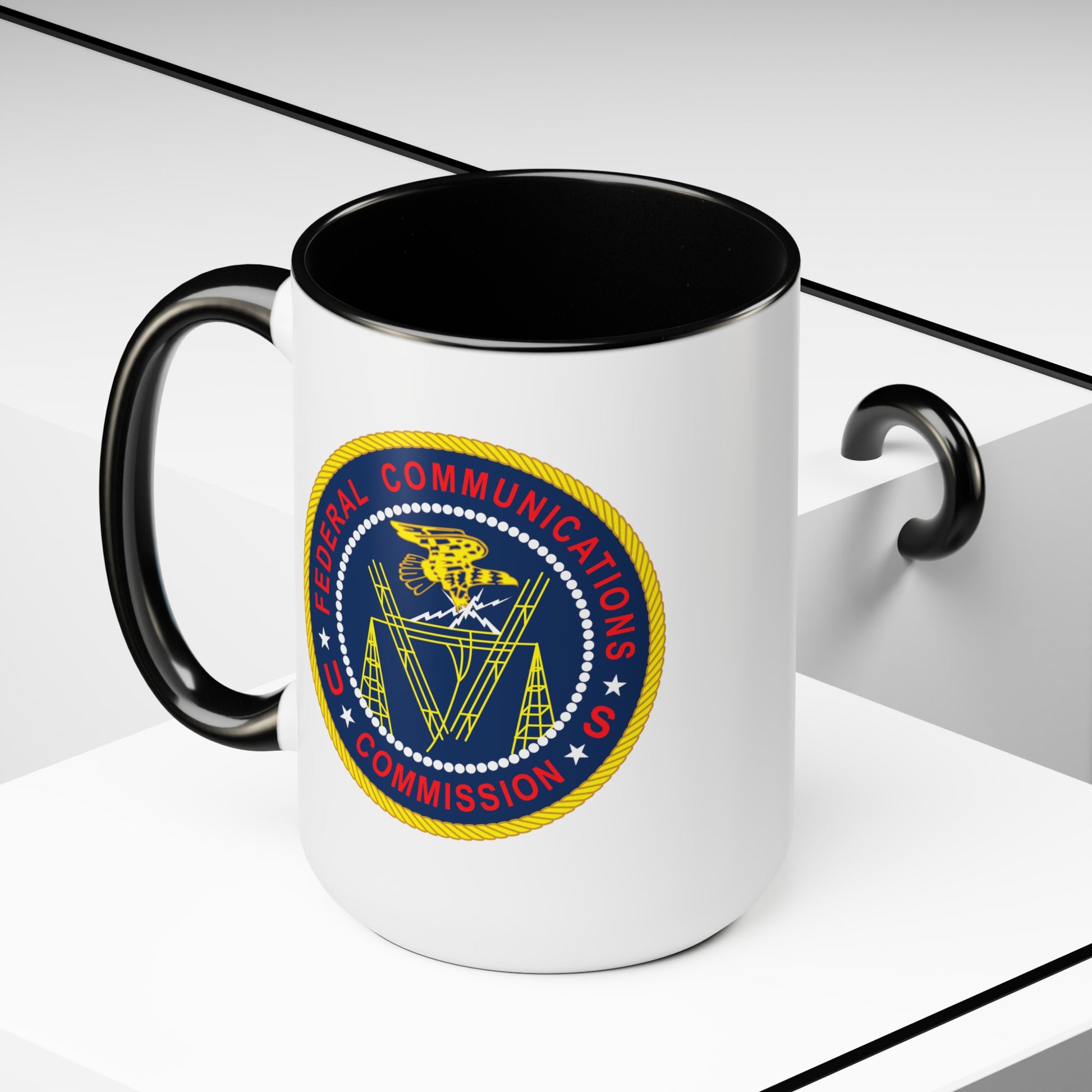 FCC Logo Coffee Mug - Double Sided Black Accent White Ceramic 15oz by TheGlassyLass.com