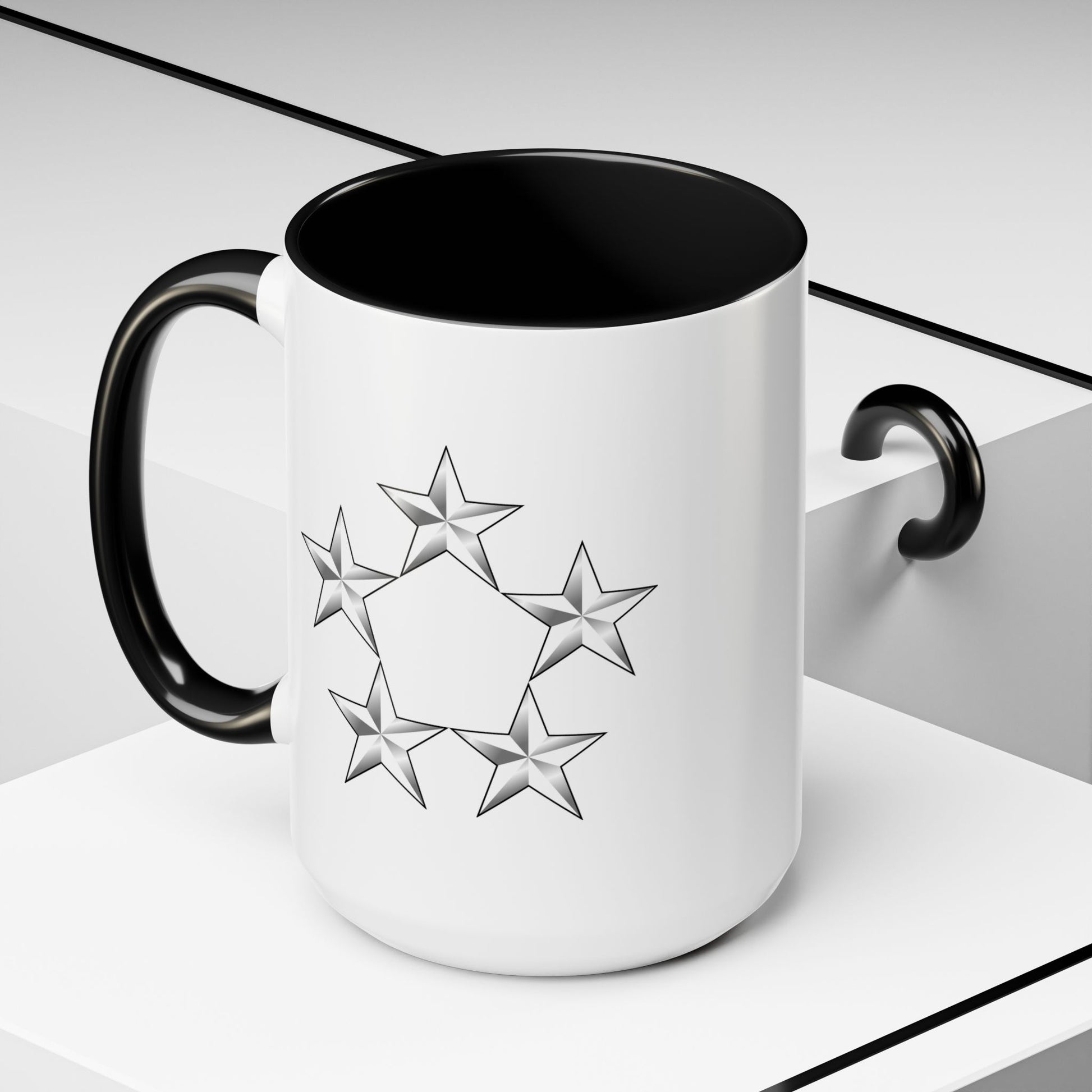 5 Star General Rank Insignia Coffee Mug - Double Sided Black Accent White Ceramic 15oz by TheGlassyLass.com