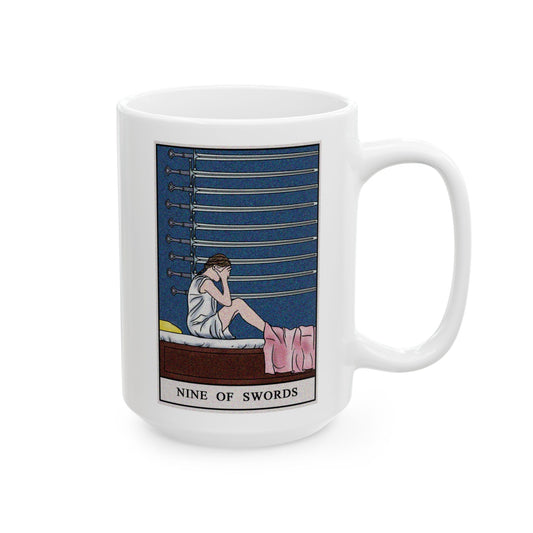 Nine of Swords Tarot Card Coffee Mug - Double Sided White Ceramic 15oz by TheGlassyLass.com