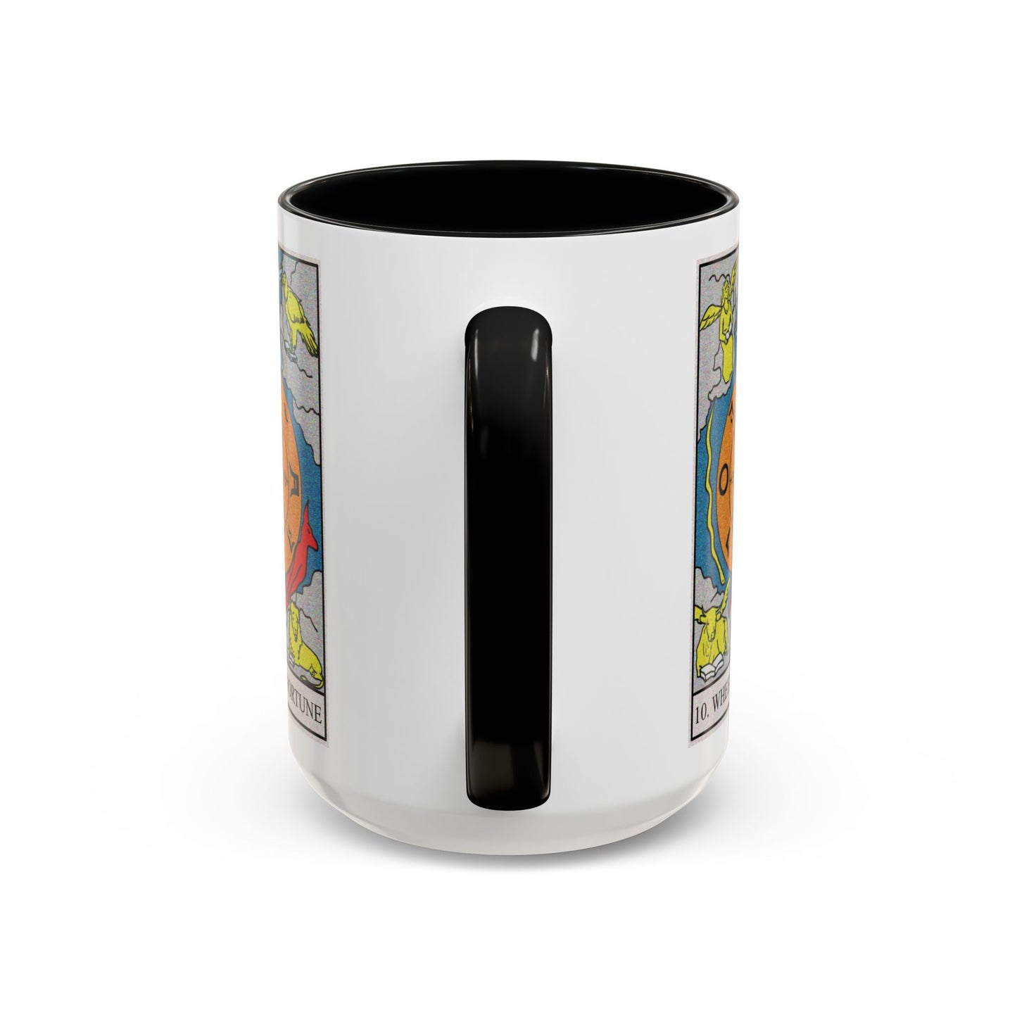 The Wheel of Fortune Tarot Card Coffee Mug - Double Sided Black Accent White Ceramic 15oz by TheGlassyLass.com