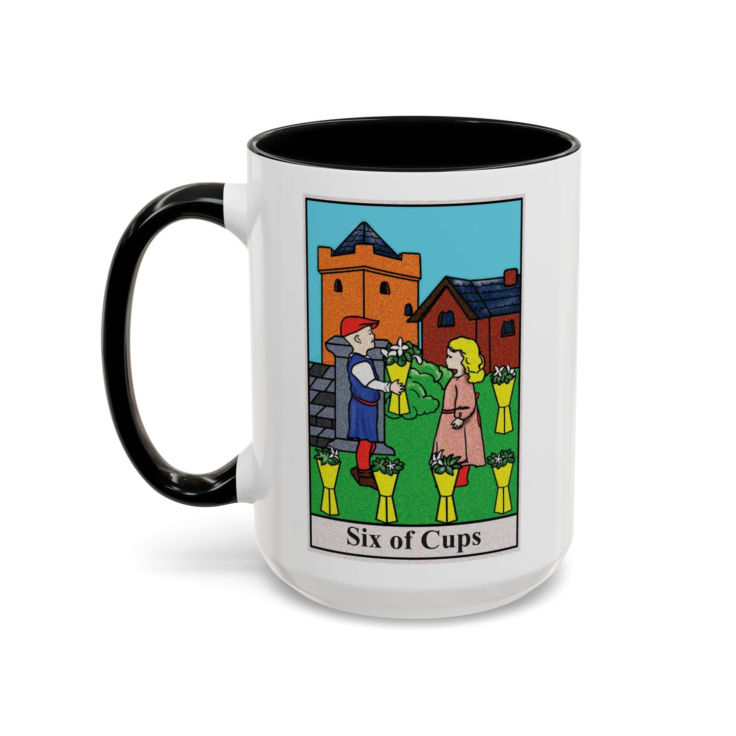 Six of Cups Tarot Card Coffee Mug - Double Sided Black Accent White Ceramic 15oz by TheGlassyLass.com