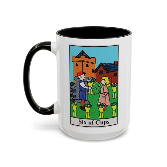 Six of Cups Tarot Card Coffee Mug - Double Sided Black Accent White Ceramic 15oz by TheGlassyLass.com