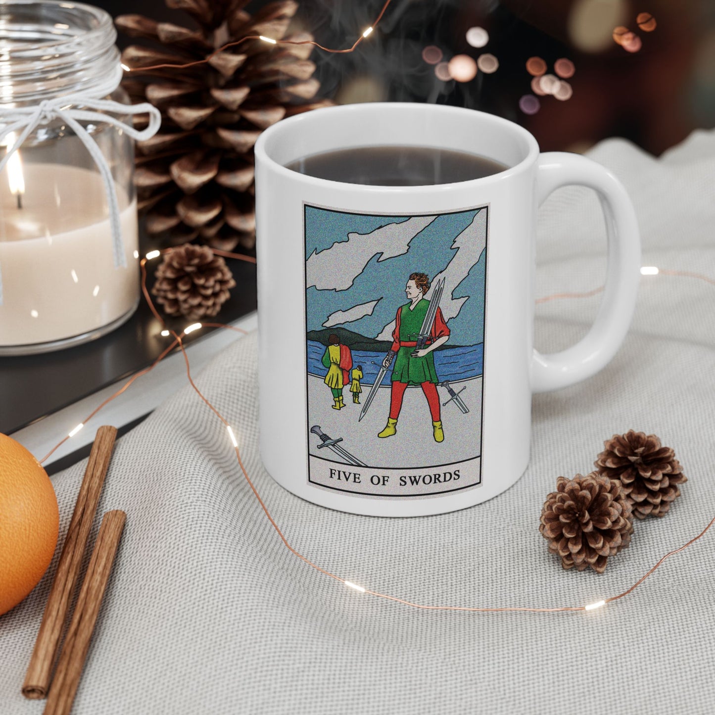 Five of Swords Tarot Card Coffee Mug - Double Sided Print, White Ceramic, 11oz by TheGlassyLass.com