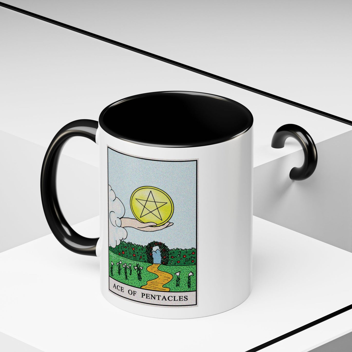 Ace of Pentacles Tarot Card Coffee Mug - Double Sided Print, Black Accent White Ceramic, 11oz by TheGlassyLass.com