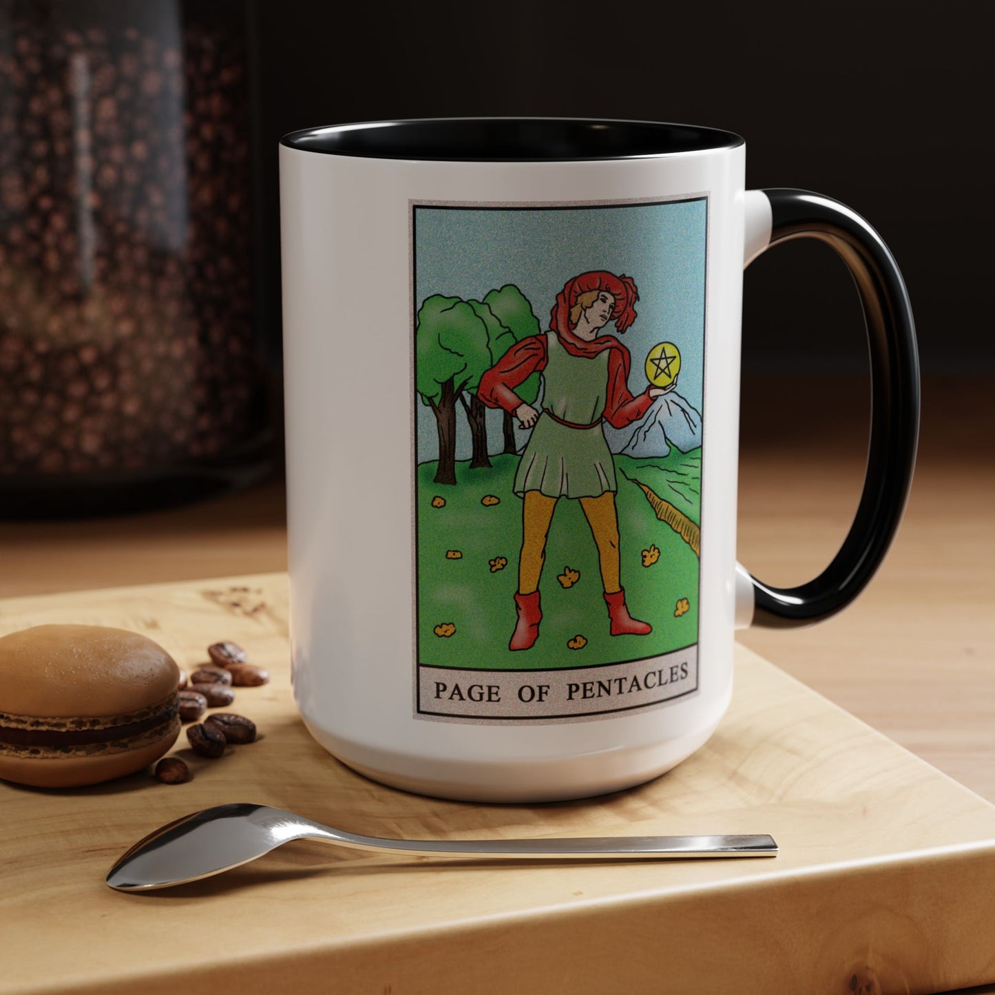Page of Pentacles Tarot Card Coffee Mug - Double Sided Black Accent White Ceramic 15oz by TheGlassyLass.com
