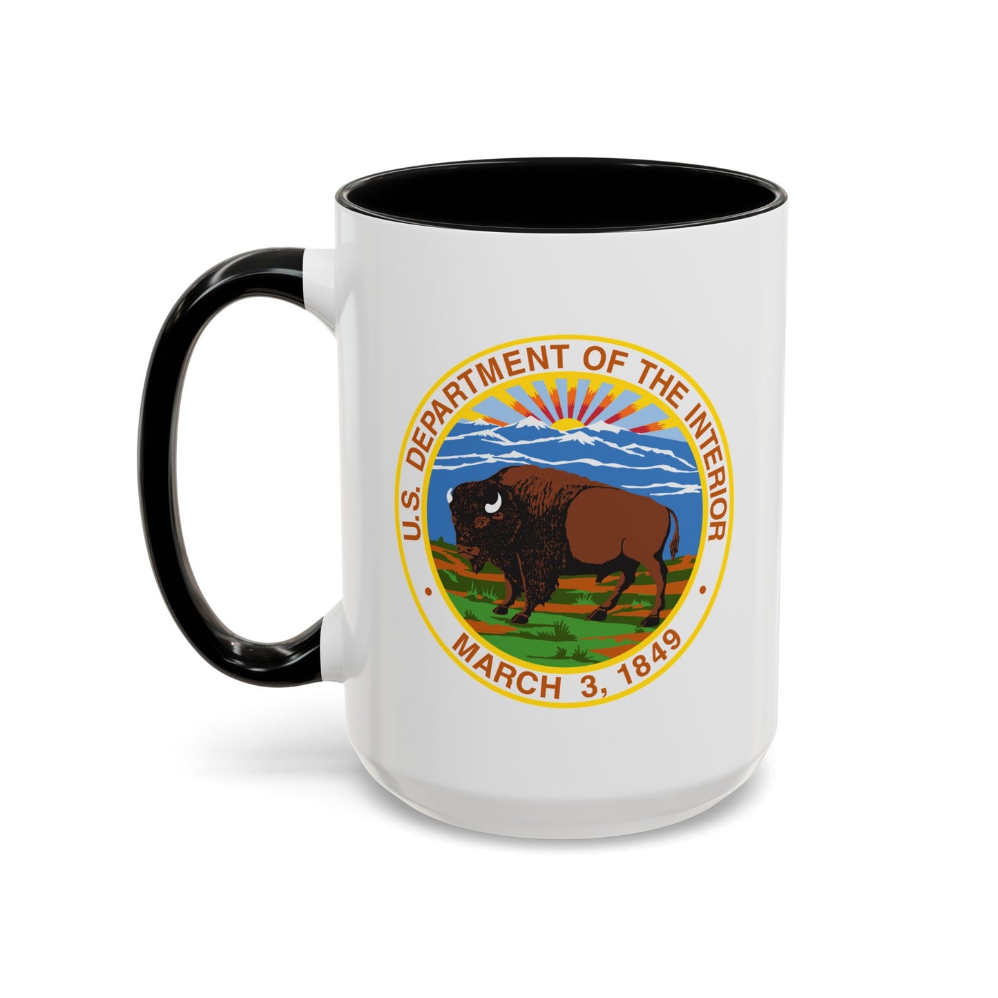 US Department of the Interior Seal Coffee Mug - Double Sided Print, Black Accent White Ceramic, 15oz by TheGlassyLass.com
