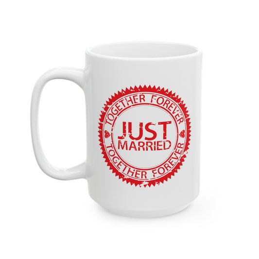 Just Married Coffee Mug - Double Sided White Ceramic 15oz by TheGlassyLass.com