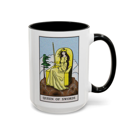 Queen of Swords Tarot Card Coffee Mug - Double Sided Black Accent White Ceramic 15oz by TheGlassyLass.com