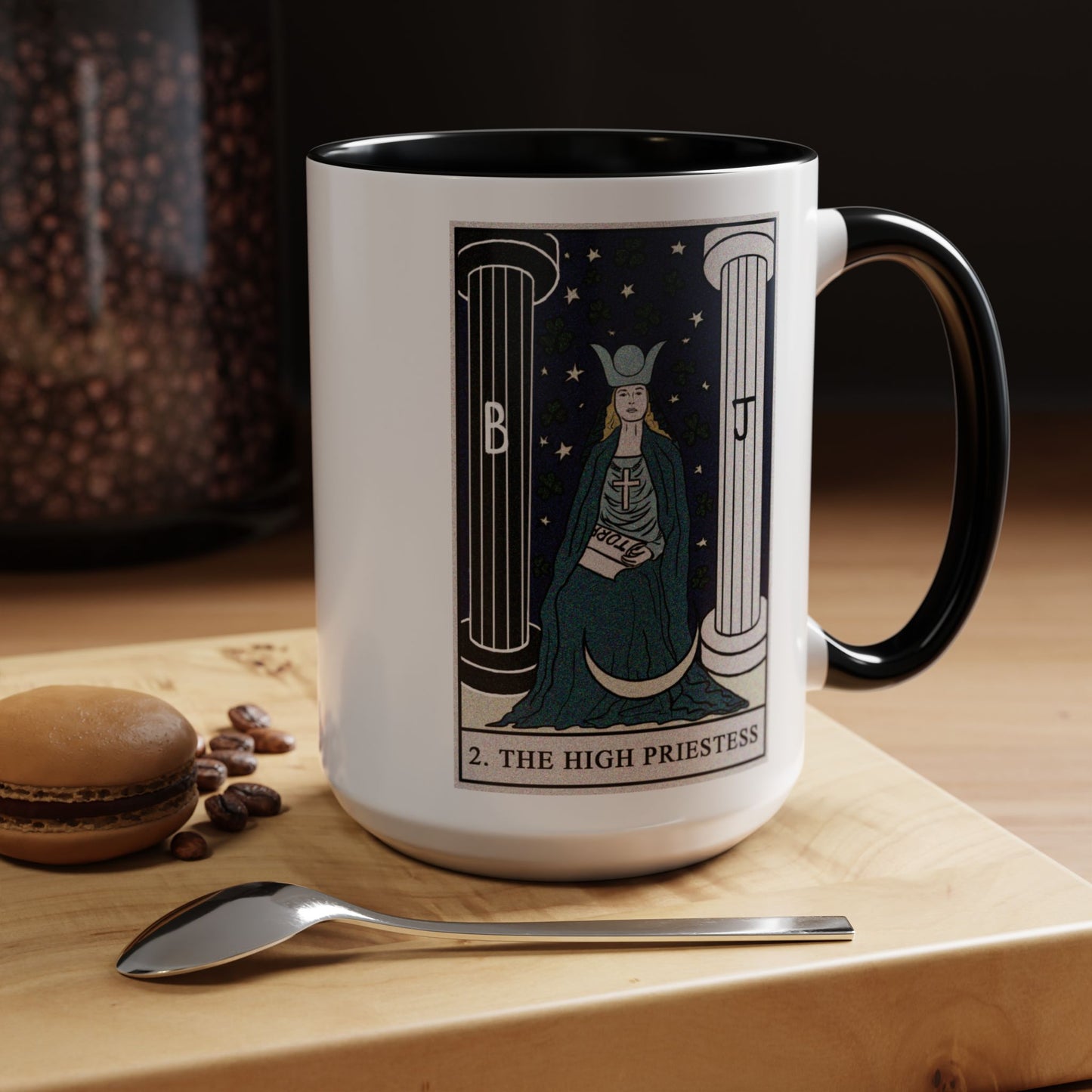 The High Priestess Tarot Card Coffee Mug - Double Sided Black Accent White Ceramic 15oz by TheGlassyLass.com