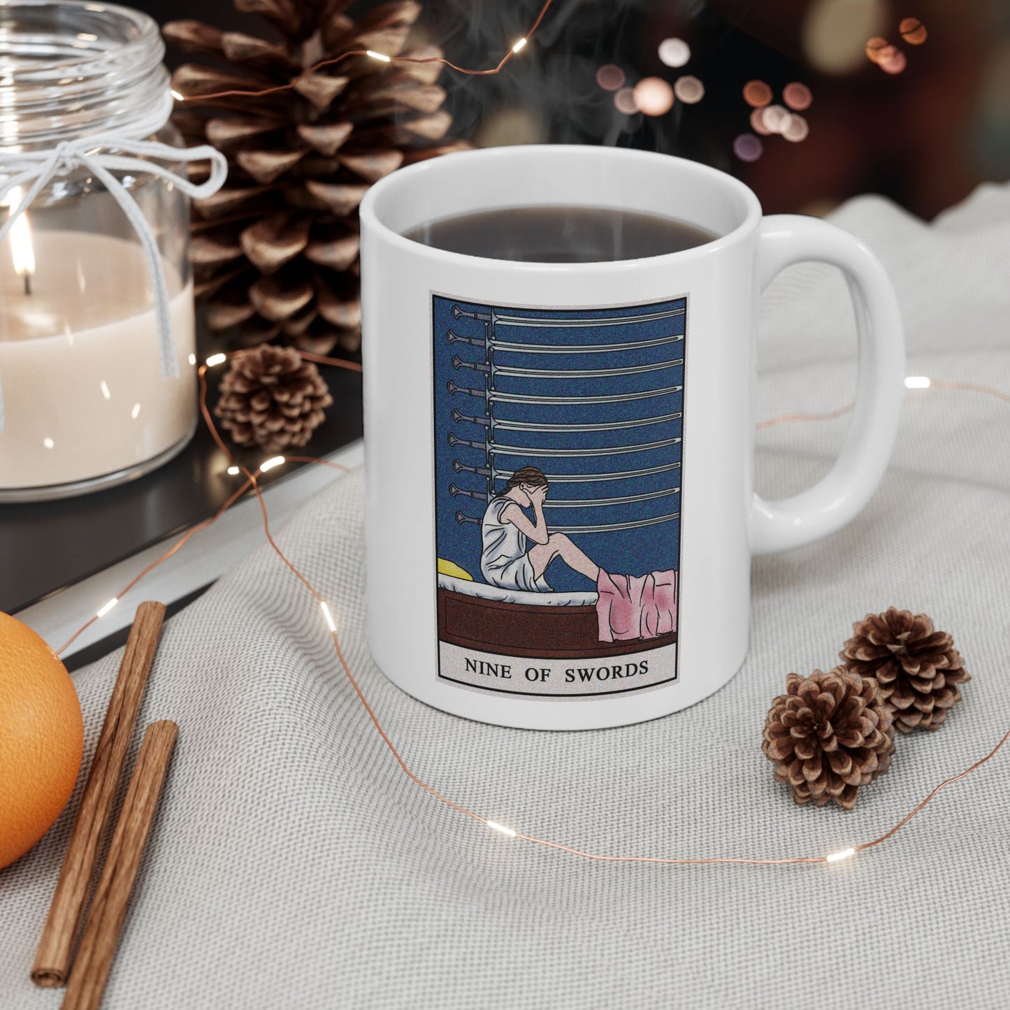 Nine of Swords Tarot Card Coffee Mug - Double Sided Print, White Ceramic, 11oz by TheGlassyLass.com