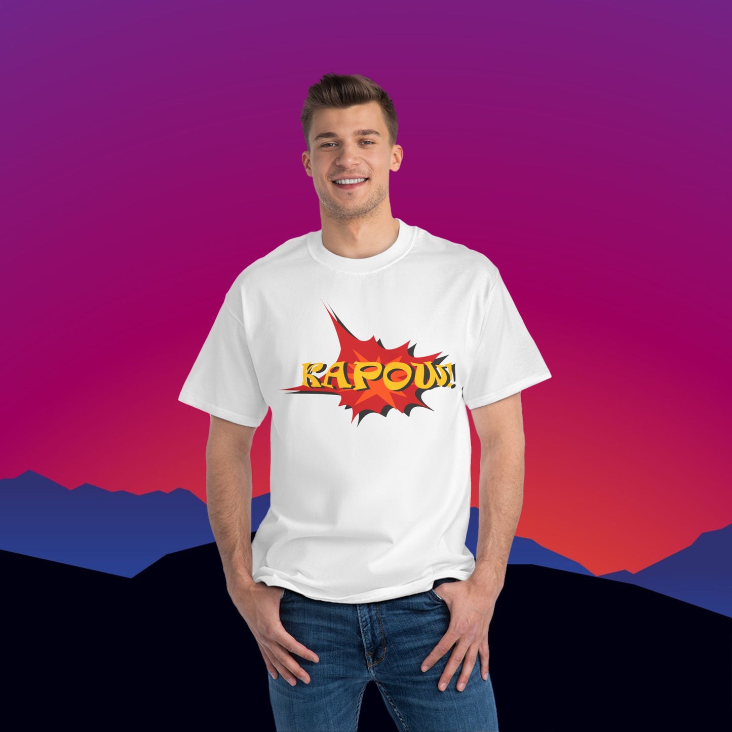 Superhero KAPOW T-Shirt: (Hanes Beefy-T 100% Preshrunk Cotton) Custom Printed by TheGlassyLass.com