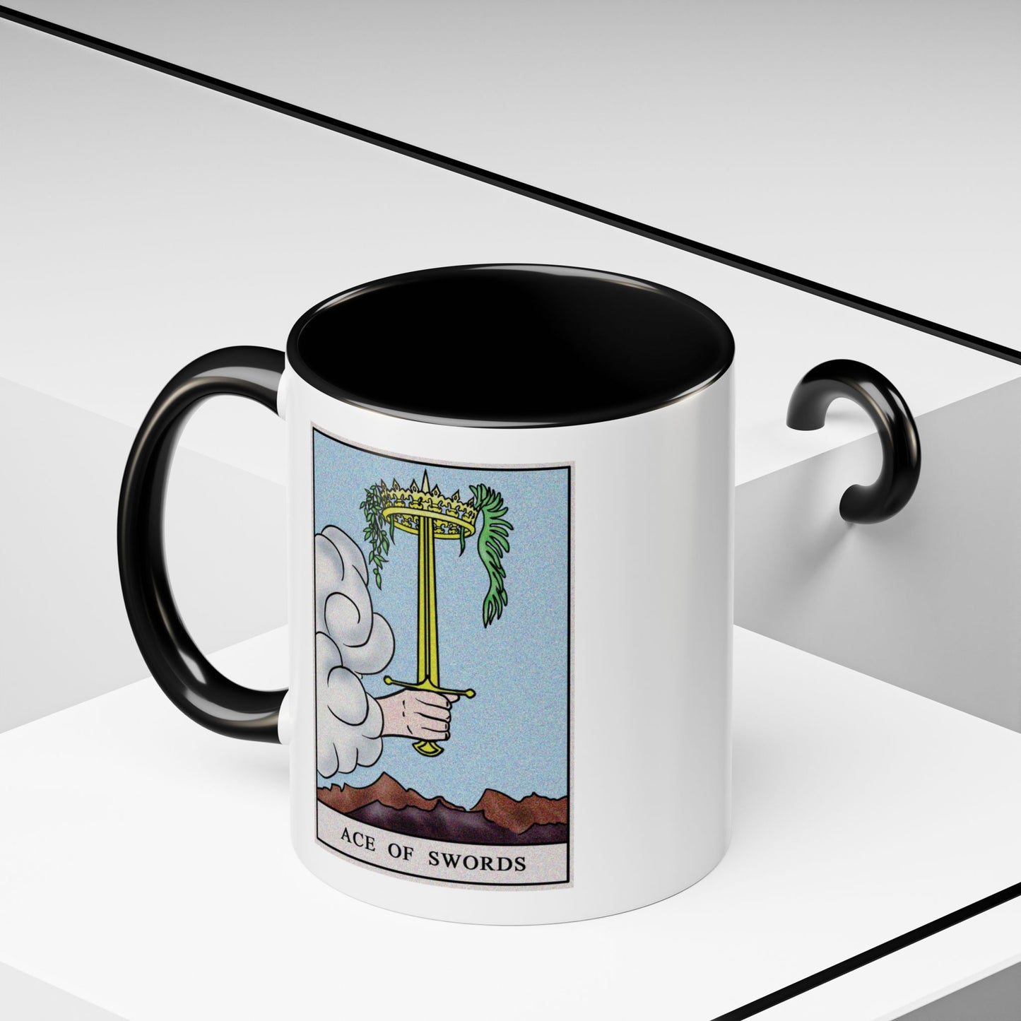 Ace of Swords Tarot Card Coffee Mug - Double Sided Print, Black Accent White Ceramic, 11oz by TheGlassyLass.com