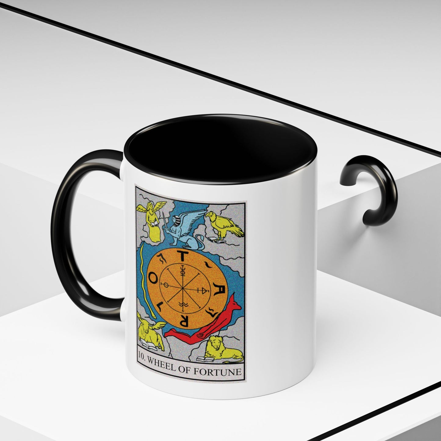 The Wheel of Fortune Tarot Card Coffee Mug - Double Sided Print, Black Accent White Ceramic, 11oz by TheGlassyLass.com
