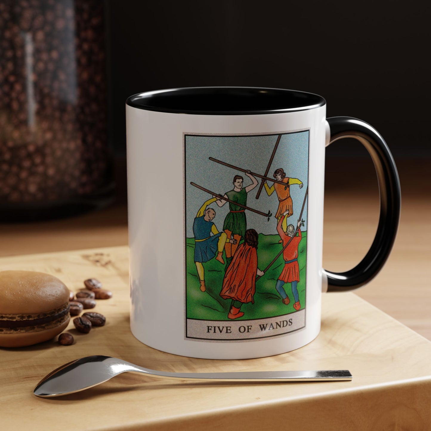 Five of Wands Tarot Card Coffee Mug - Double Sided Print, Black Accent White Ceramic, 11oz by TheGlassyLass.com