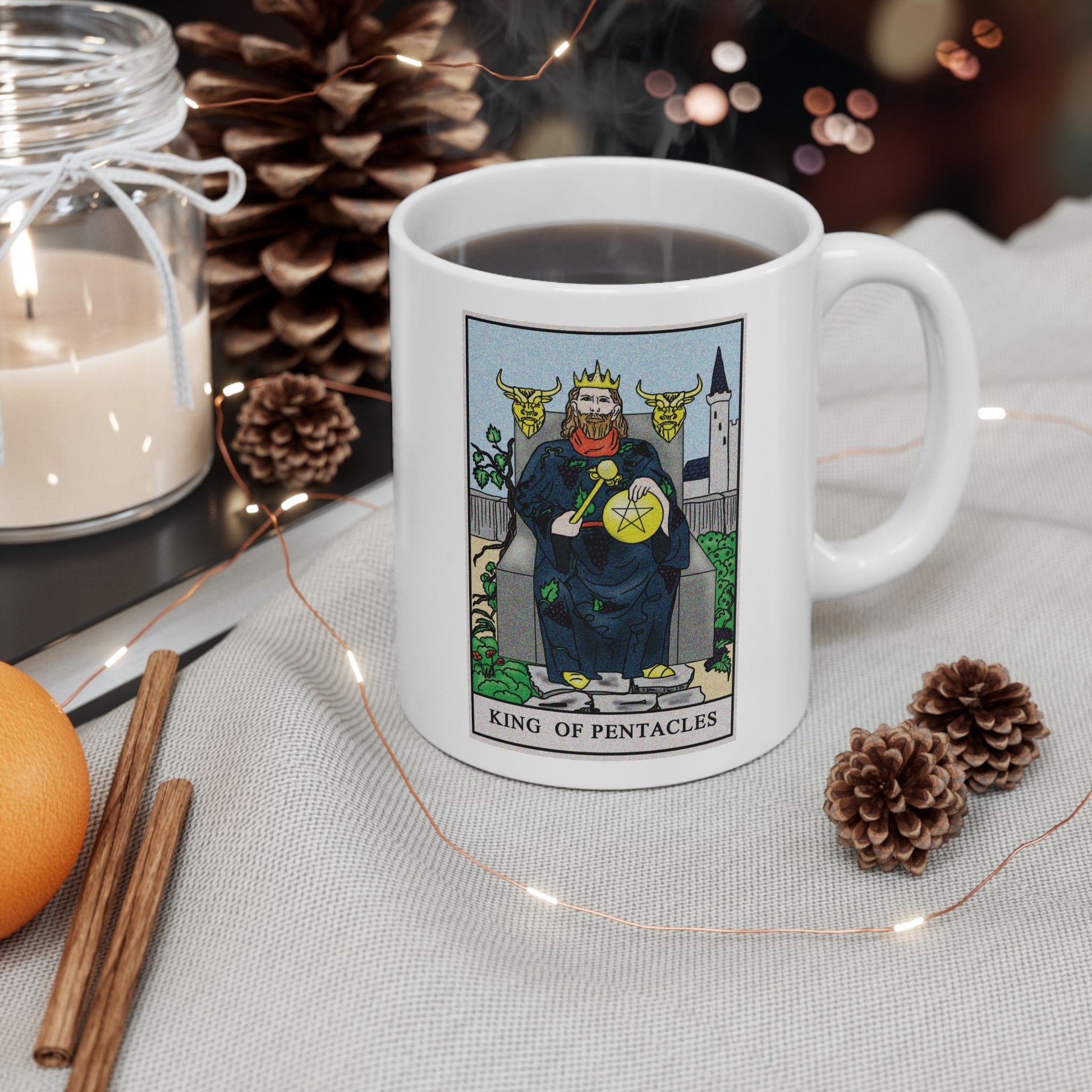 King of Pentacles Tarot Card Coffee Mug - Double Sided Print, White Ceramic, 11oz by TheGlassyLass.com