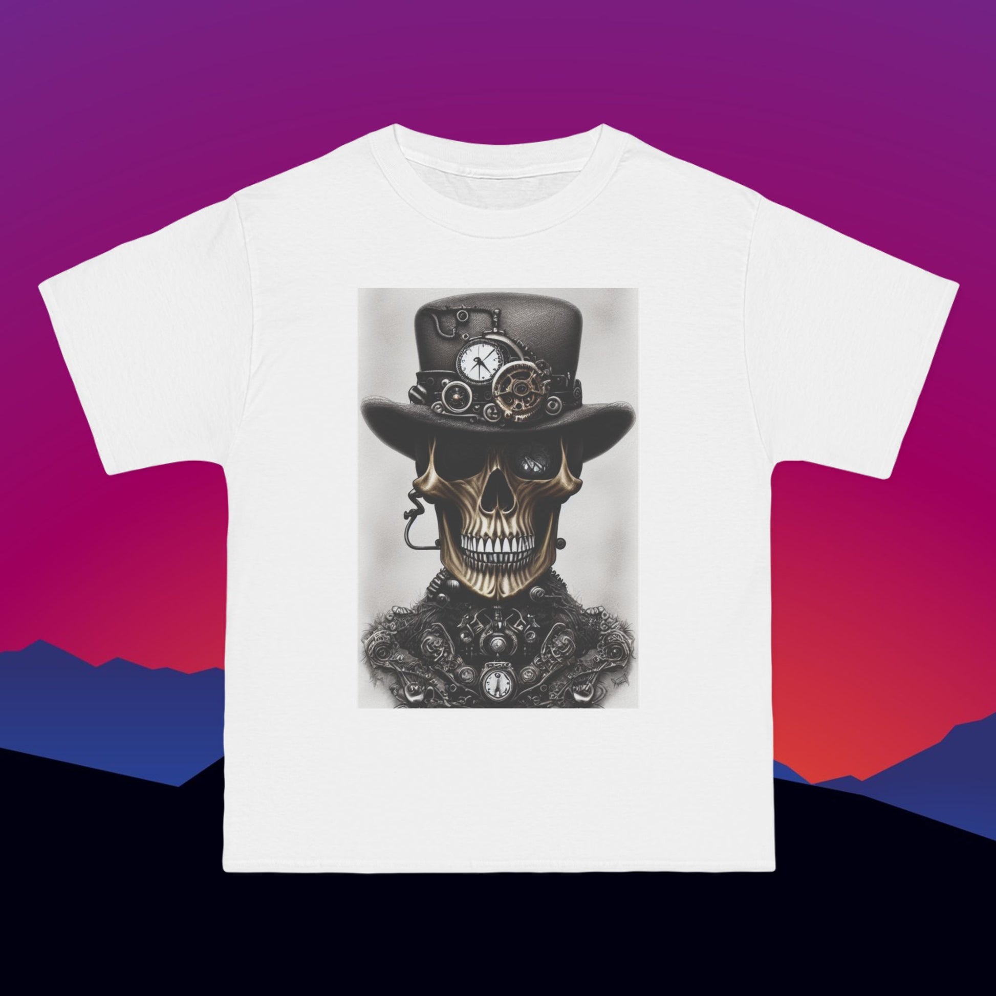Steampunk Skull in Top Hat T-Shirt: (Hanes Beefy-T 100% Preshrunk Cotton Custom Printed by TheGlassyLass.com