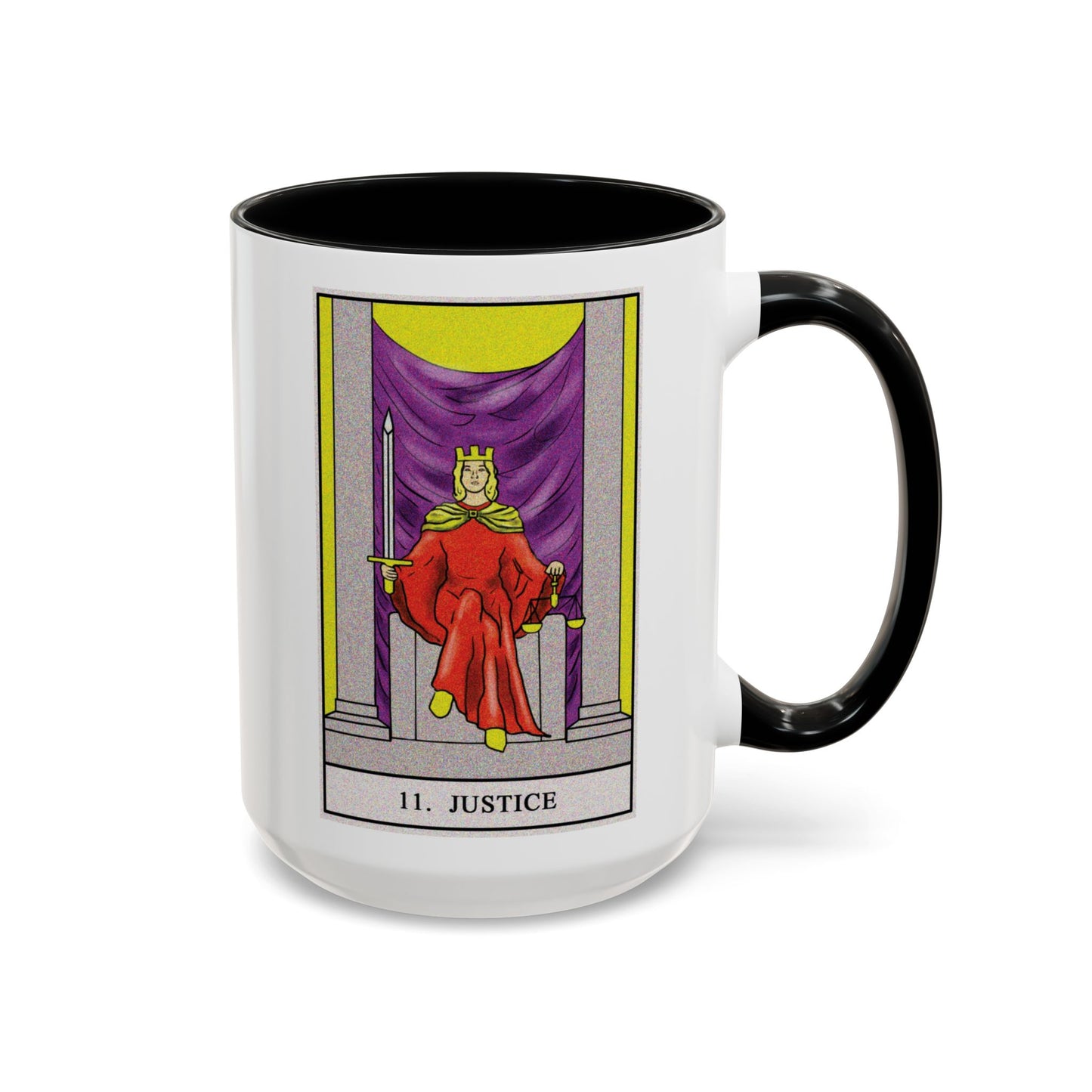 Justice Tarot Card Coffee Mug - Double Sided Black Accent White Ceramic 15oz by TheGlassyLass.com