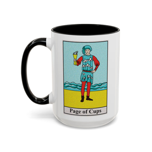 Page of Cups Tarot Card Coffee Mug - Double Sided Black Accent White Ceramic 15oz by TheGlassyLass.com