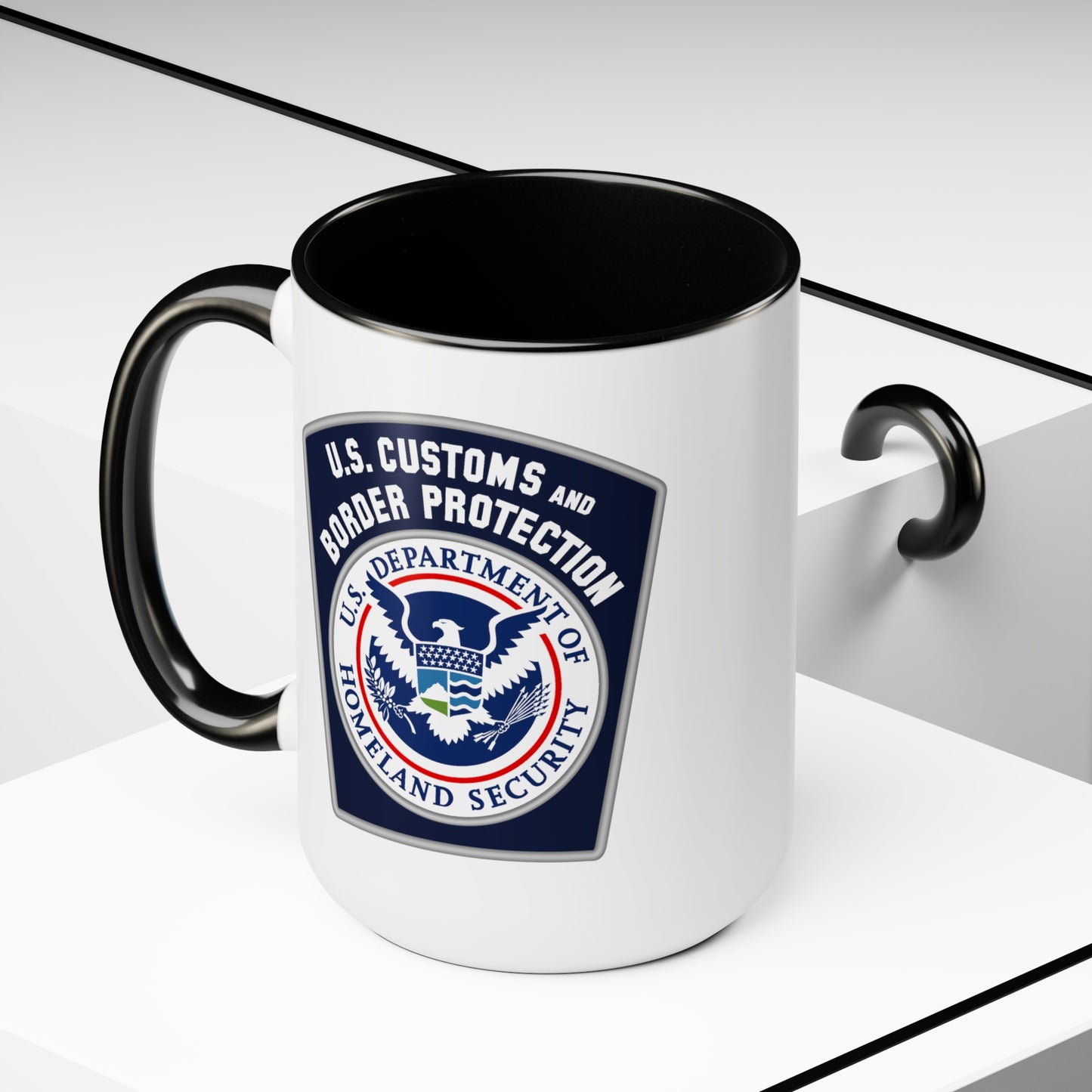 US Customs and Border Protection Coffee Mug - Double Sided Black Accent White Ceramic 15oz by TheGlassyLass