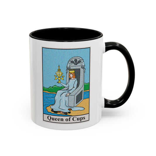 Queen of Cups Tarot Card Coffee Mug - Double Sided Print, Black Accent White Ceramic, 11oz by TheGlassyLass.com
