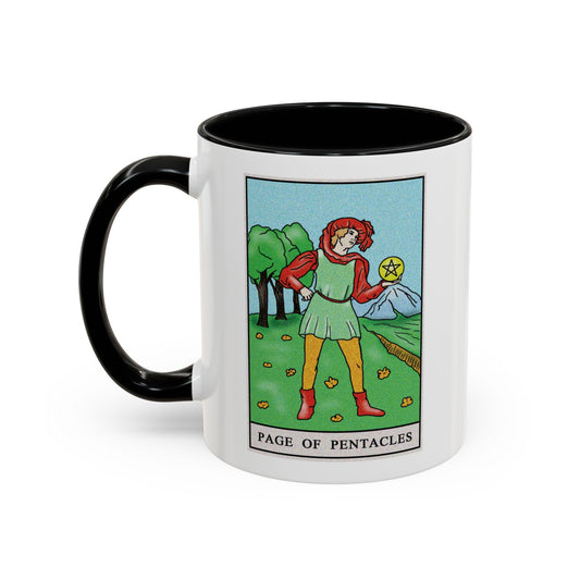 Page of Pentacles Tarot Card Coffee Mug - Double Sided Print, Black Accent White Ceramic, 11oz by TheGlassyLass.com