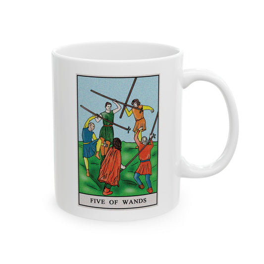 Five of Wands of Wands Tarot Card Coffee Mug - Double Sided Print, White Ceramic, 11oz by TheGlassyLass.com