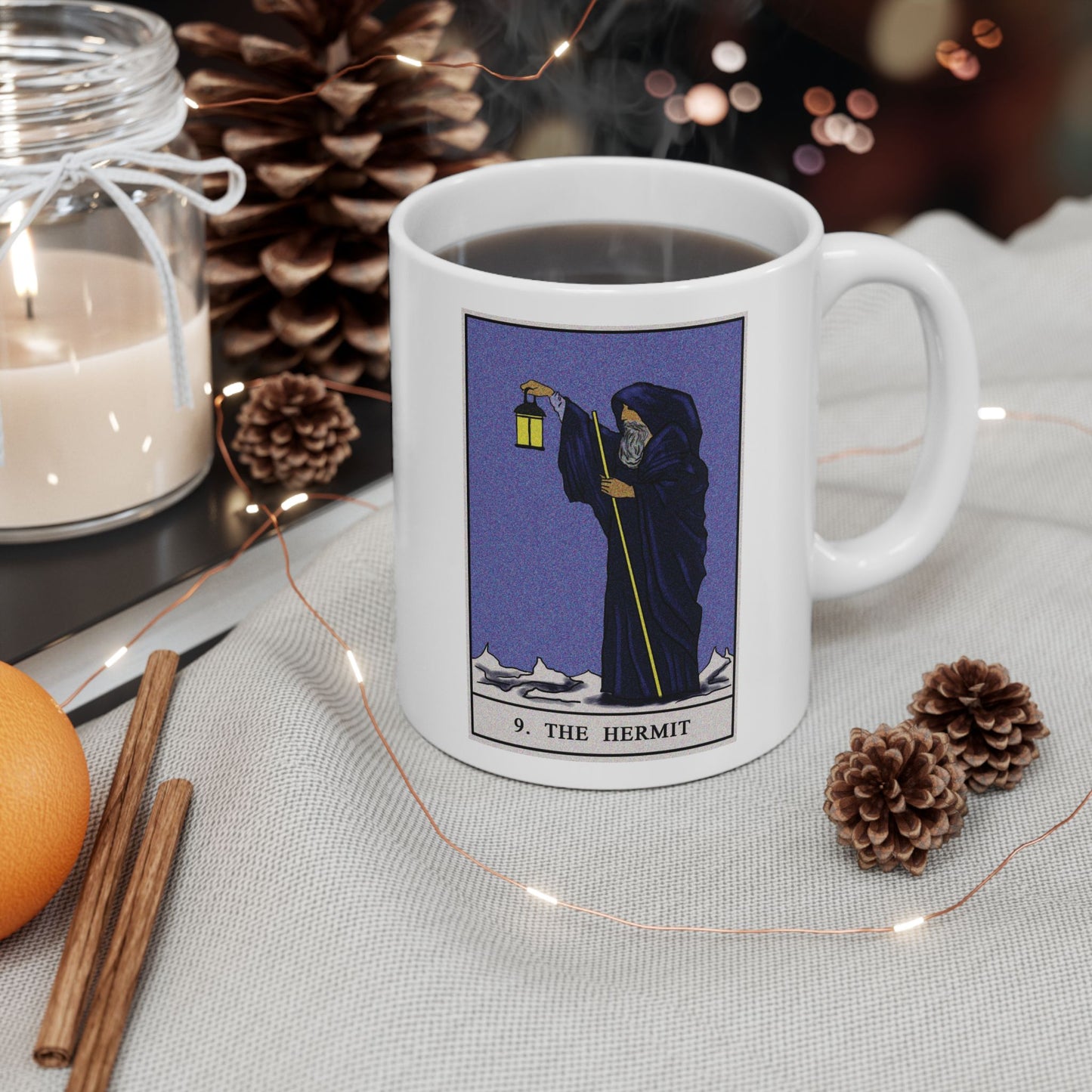 The Hermit Tarot Card Coffee Mug - Double Sided Print, White Ceramic, 11oz by TheGlassyLass.com