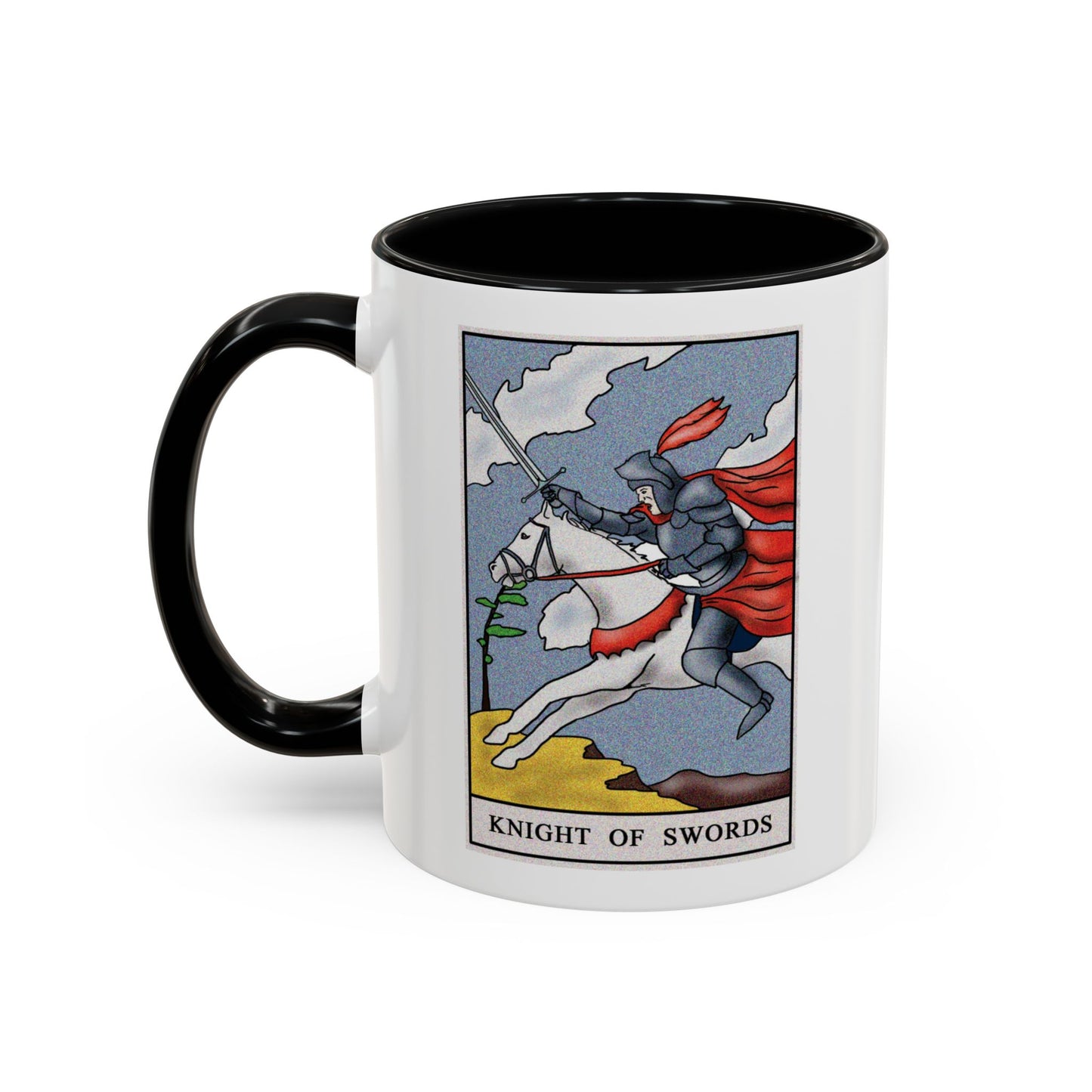Knight of Swords Tarot Card Coffee Mug - Double Sided Print, Black Accent White Ceramic, 11oz by TheGlassyLass.com