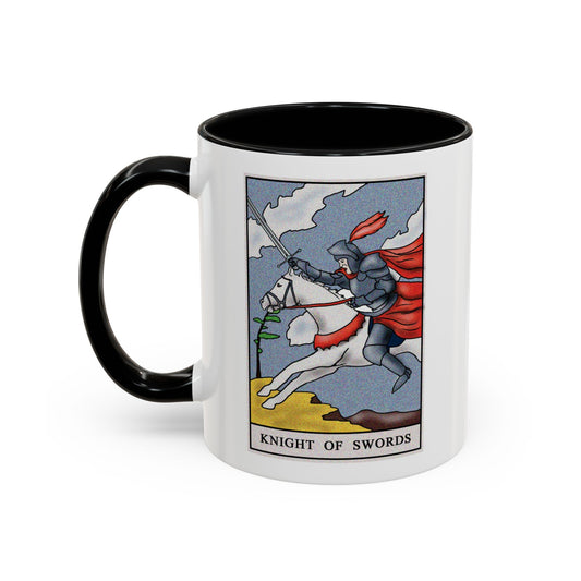 Knight of Swords Tarot Card Coffee Mug - Double Sided Print, Black Accent White Ceramic, 11oz by TheGlassyLass.com