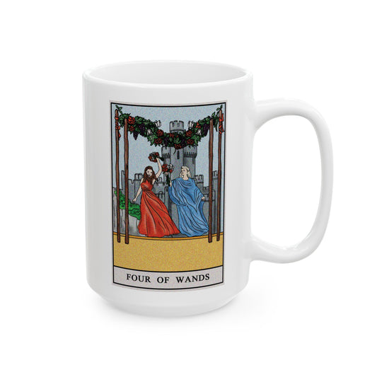 Four of Wands Tarot Card Coffee Mug - Double Sided White Ceramic 15oz by TheGlassyLass.com