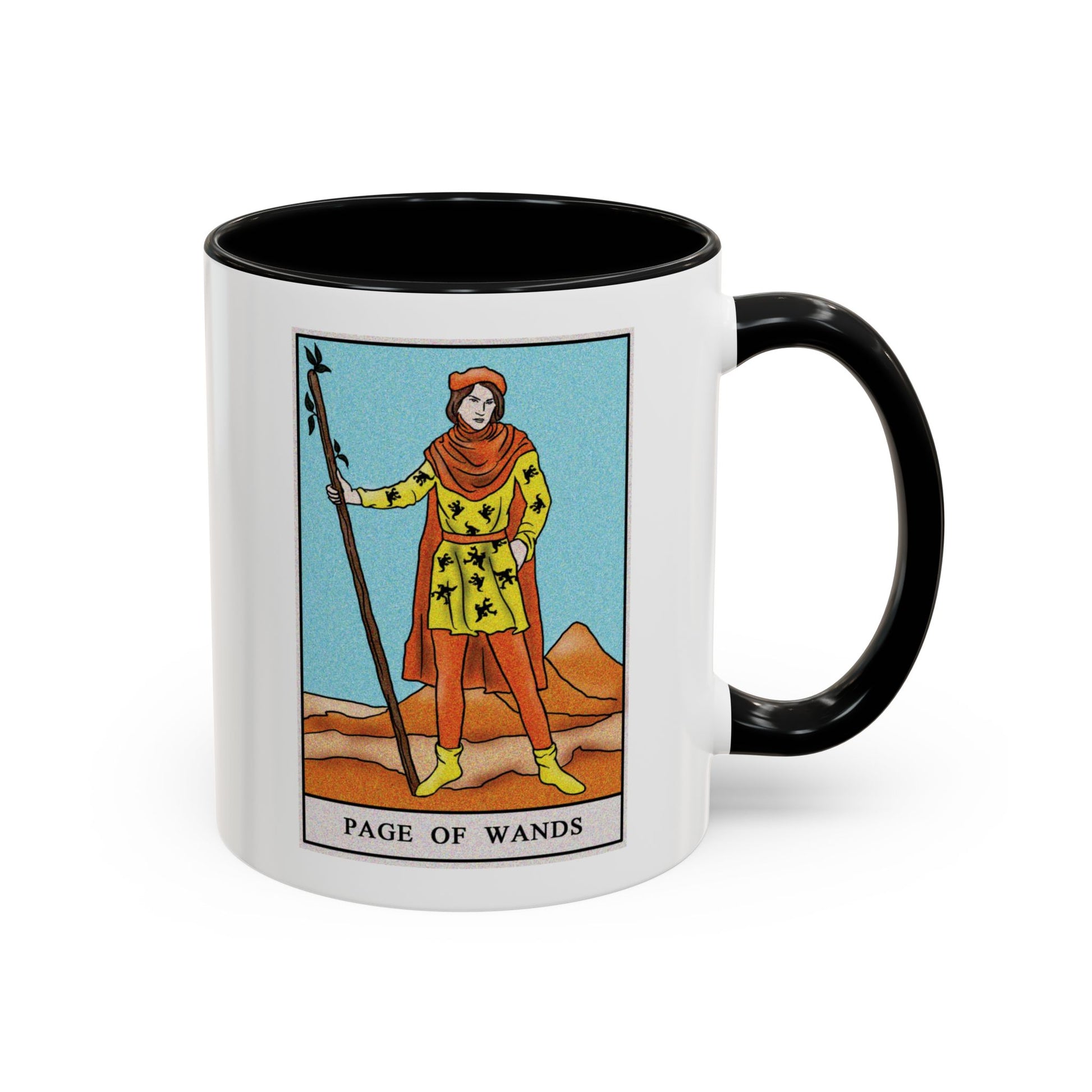 Page of Wands Tarot Card Coffee Mug - Double Sided Print, Black Accent White Ceramic, 11oz by TheGlassyLass.com