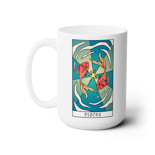This listing is for a Premium Quality 15oz White Ceramic coffee / tea mug with a double sided Pisces Tarot Card