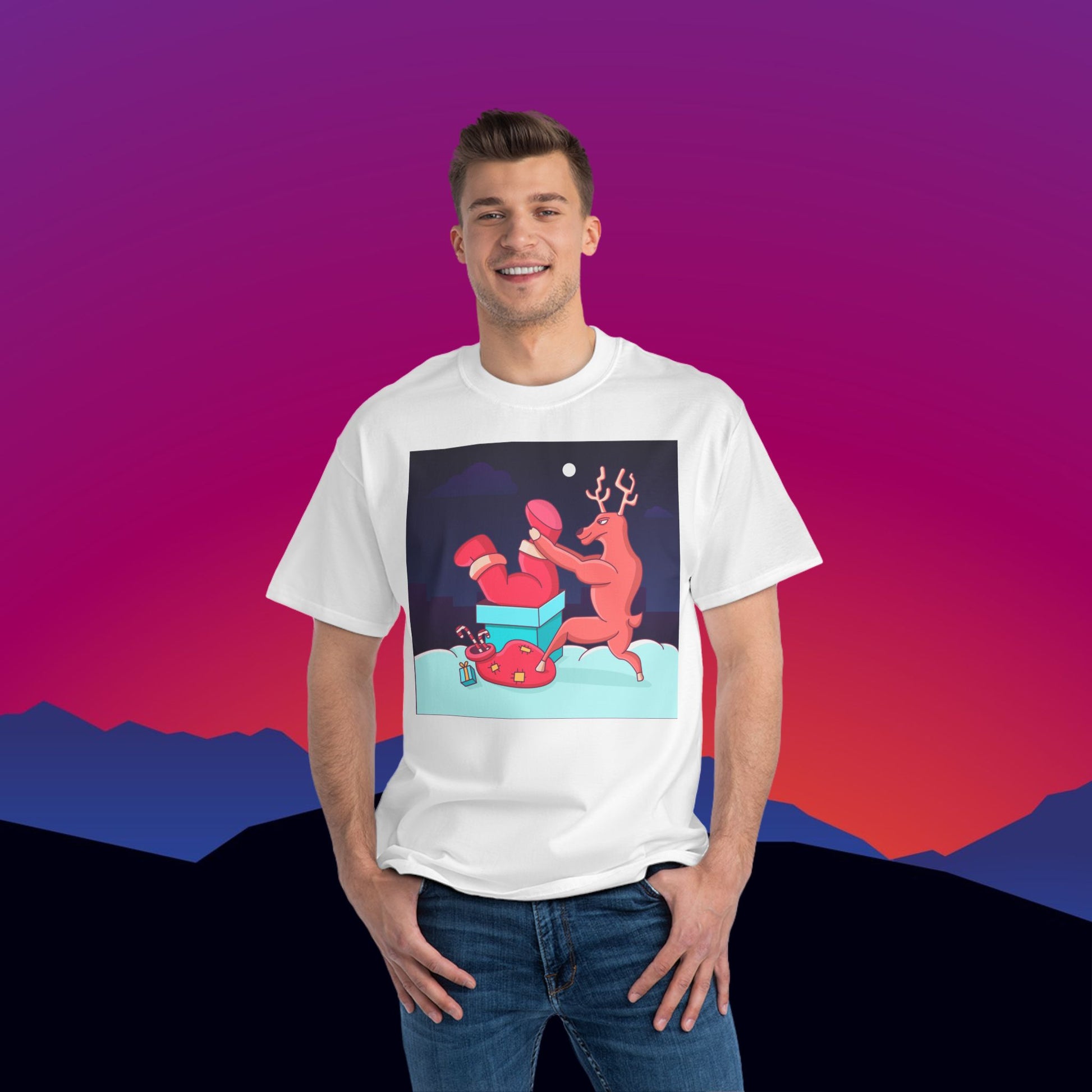 Stuck Santa Christmas T-Shirt: (Hanes Beefy-T 100% Preshrunk Cotton Custom Printed by TheGlassyLass.com