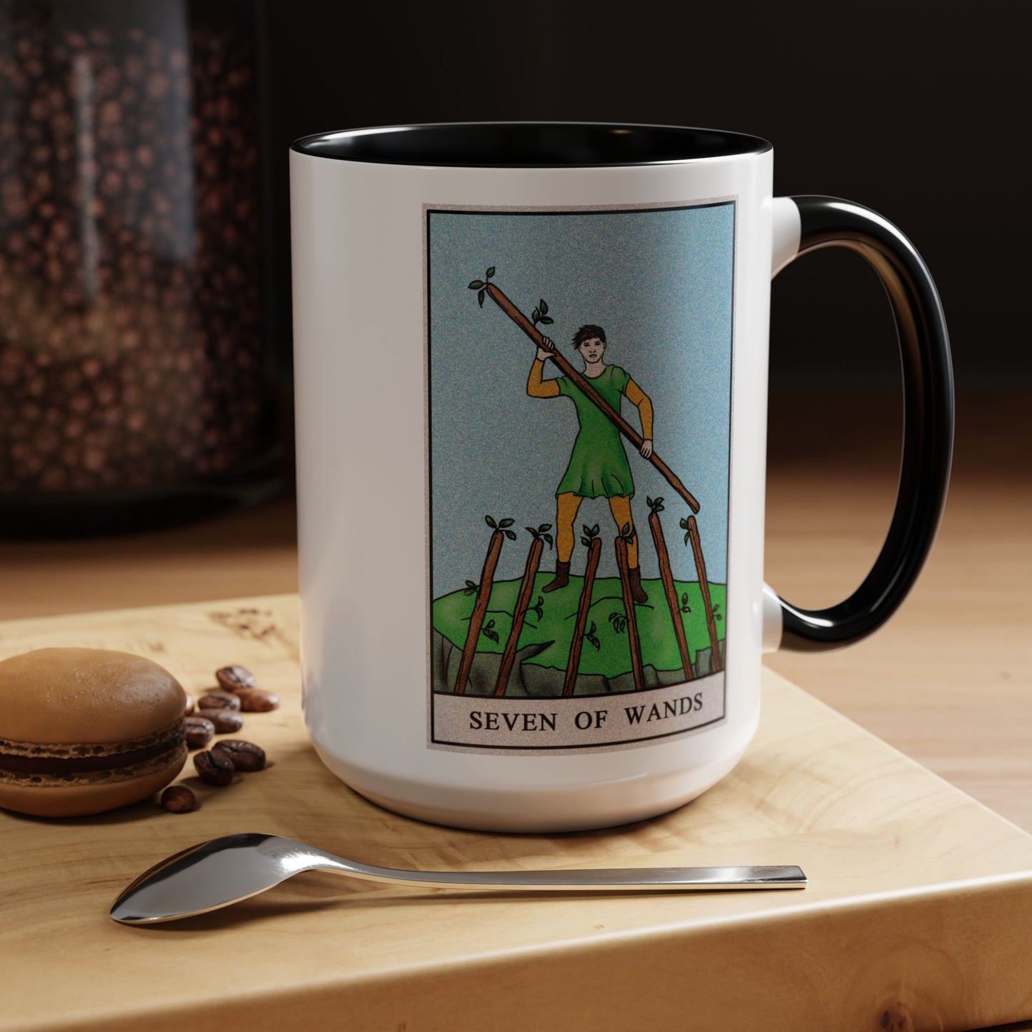 Seven of Wands Tarot Card Coffee Mug - Double Sided Black Accent White Ceramic 15oz by TheGlassyLass