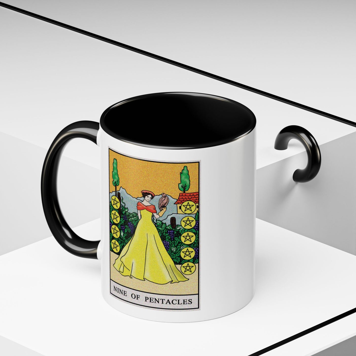 Nine of Pentacles Tarot Card Coffee Mug - Double Sided Print, Black Accent White Ceramic, 11oz by TheGlassyLass.com
