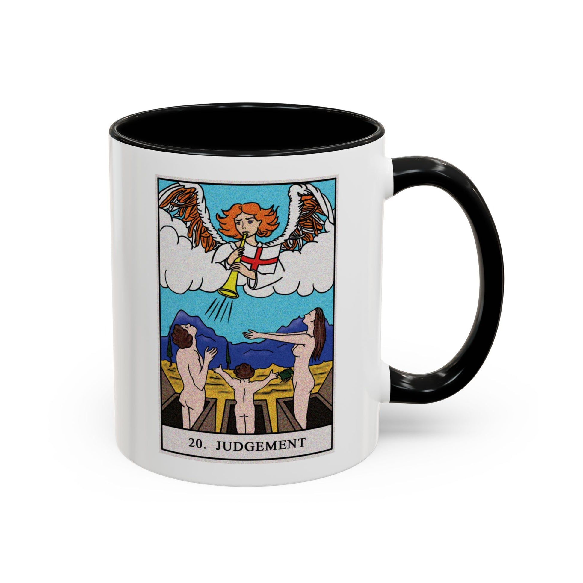 The Judgement Tarot Card Coffee Mug - Double Sided Print, Black Accent White Ceramic, 11oz by TheGlassyLass.com