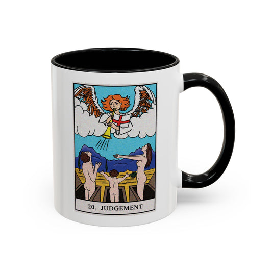 The Judgement Tarot Card Coffee Mug - Double Sided Print, Black Accent White Ceramic, 11oz by TheGlassyLass.com