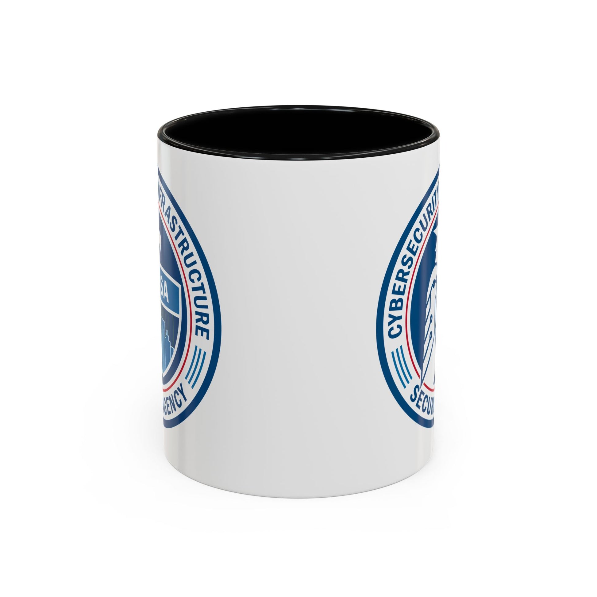 Cybersecurity and Infrastructure Security Agency Seal Coffee Mug - Double Sided Print, Black Accent White Ceramic, 11oz by TheGlassyLass.com