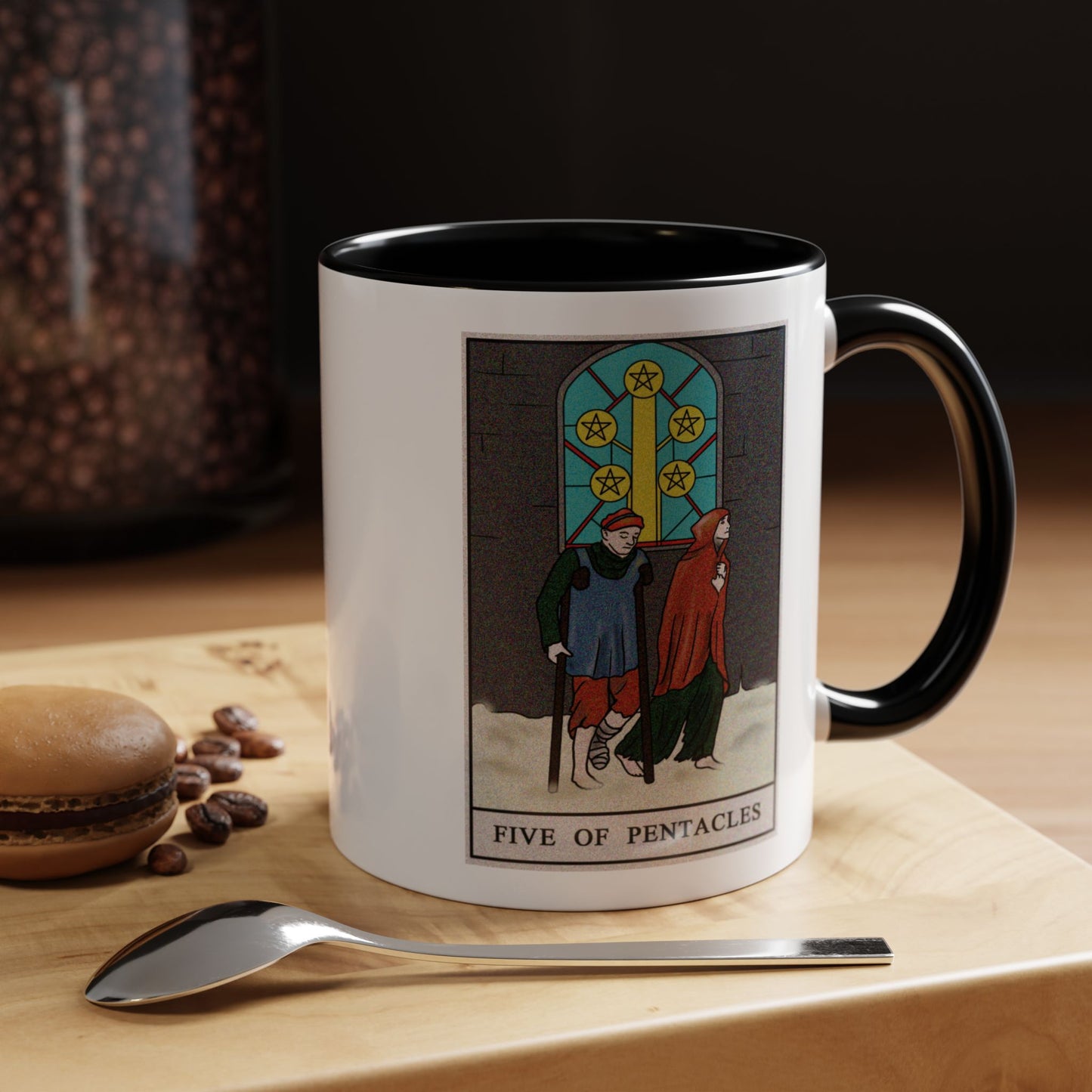 Five of Pentacles Tarot Card Coffee Mug - Double Sided Print, Black Accent White Ceramic, 11oz by TheGlassyLass.com