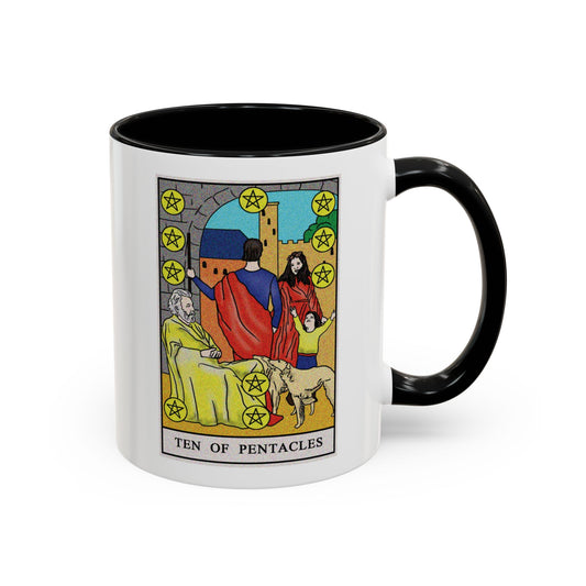 Ten of Pentacles Tarot Card Coffee Mug - Double Sided Print, Black Accent White Ceramic, 11oz by TheGlassyLass.com