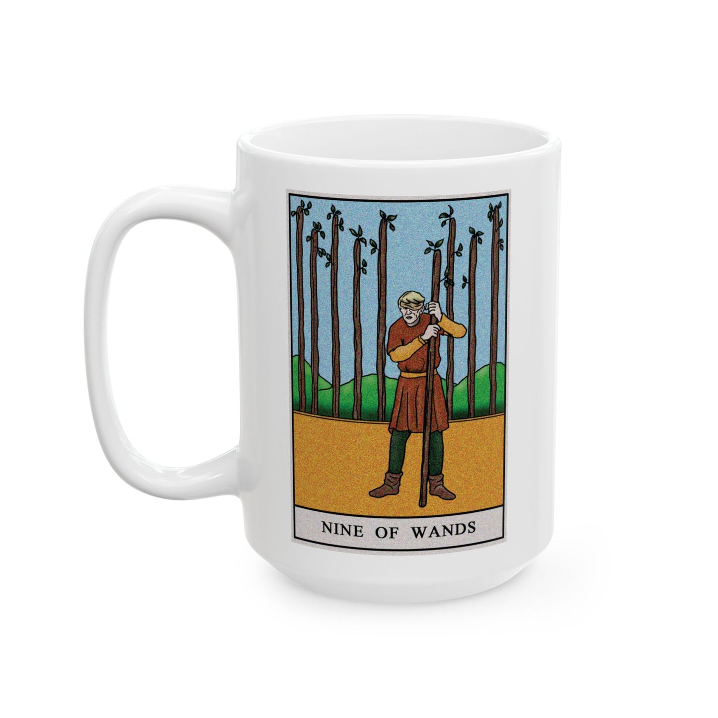 Nine of Wands Tarot Card Coffee Mug - Double Sided White Ceramic 15oz by TheGlassyLass.com