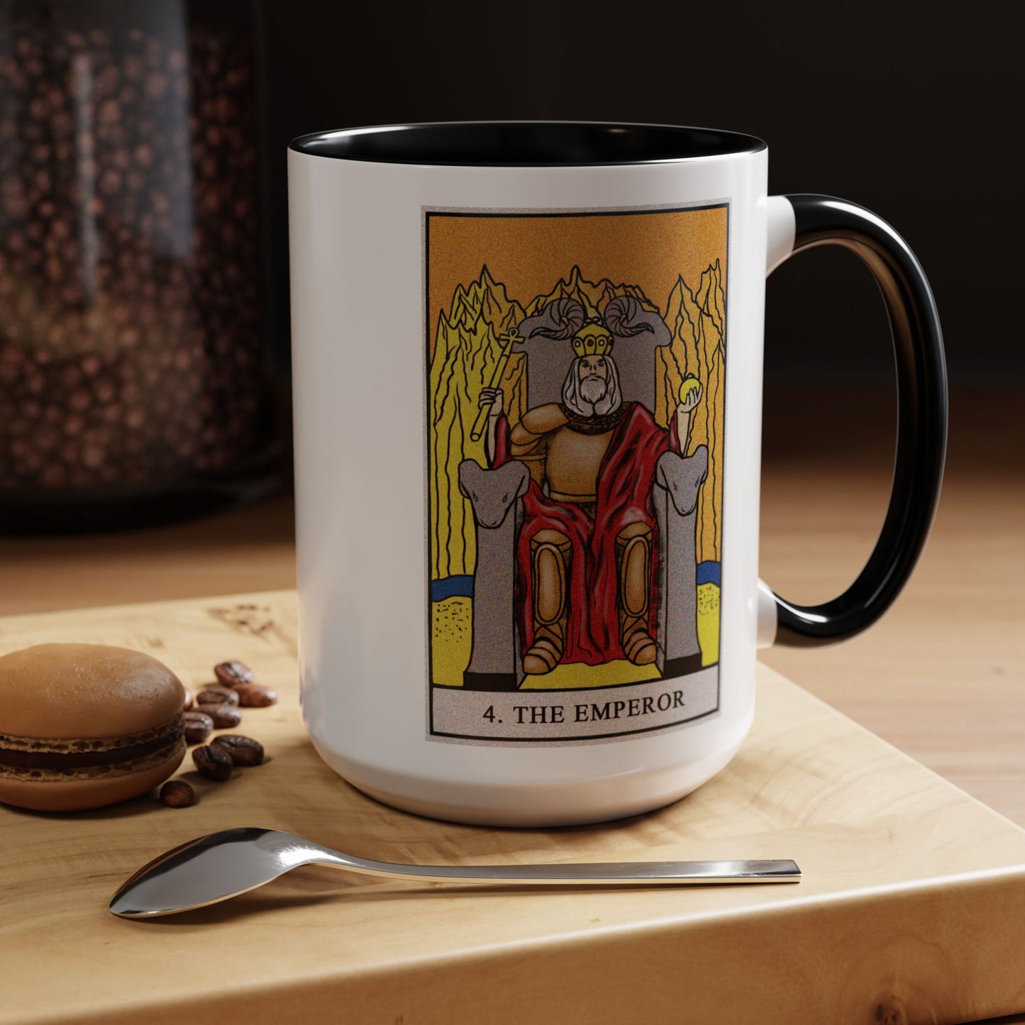 The Emperor Tarot Card Coffee Mug - Double Sided Black Accent White Ceramic 15oz by TheGlassyLass.com